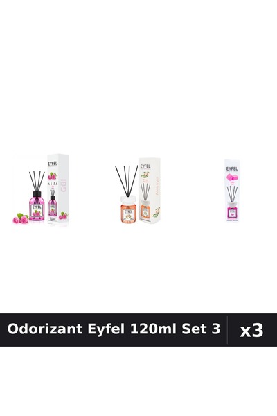 Eyfel Set 3 Odorizant Cameră Betișoare 120ml - Trandafir, Acacia, Bubble Gum
