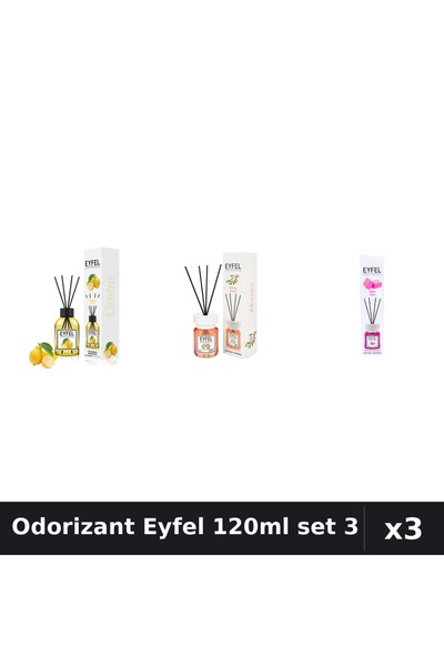Eyfel Set 3 Odorizant Camera Betisoare 120ml - Lămâie, Acacia, Bubble Gum