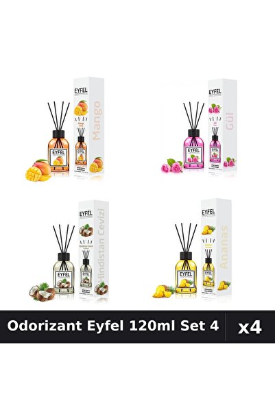 Eyfel Set 4 Odorizant Cameră Betișoare 120ml - Mango, Trandafir, Nucă Cocos, ...