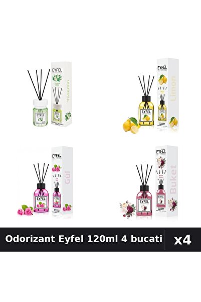 Eyfel Set 4 Odorizant Camera Betisoare 120ml - Iasomie, Lamaie, Trandafir, Bo...
