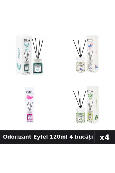 Eyfel Set 4 Odorizant Camera Betișoare 120ml - Angel, Orhidee, Bubble Gum, Ia...