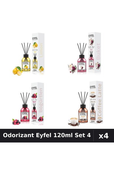 Eyfel Set 4 Odorizant Camera Betisoare 120ml - Lămâie, Bouquet, Fructe, Cafea