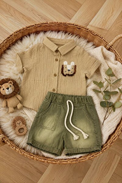 Tuğra Bebe Baby Boy Shorts Set with Lion Appliqué and Muslin Shirt