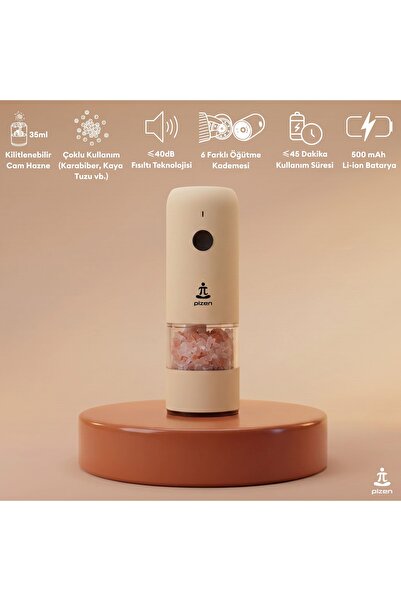 Pizen Windmill USB Type-C Şarjlı Otomatik Baharat Öğütücü LED Işıklı Ayarlana...