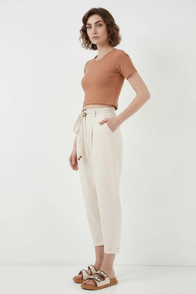 buğrahayalin Women's High Waist Belted Linen Cream Trousers