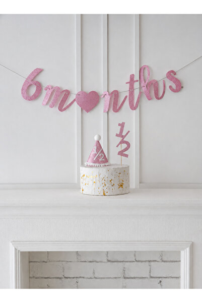 Yamello Yarım Yaş 6 Months Şeker Pembe Simli Şapka Pasta Süsü Duvar Yazısı Set