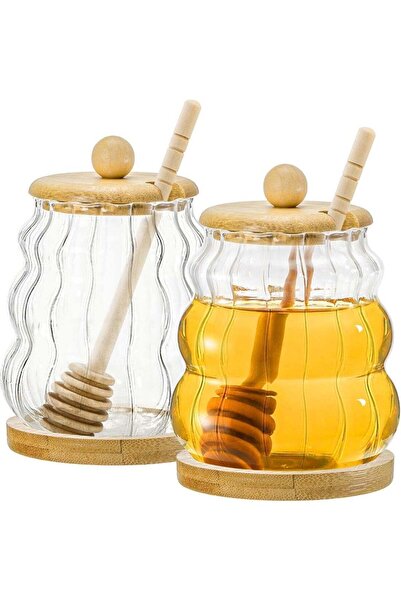 Arabest 2-Pack 500ml Glass Honey Jar Set with Dipper,Bamboo Lid,Beehive Conta...