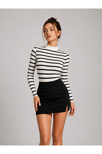 BLOUSE Basic Chic Çizgili Dik Yaka Çıtçıtlı Uzun Kollu Body