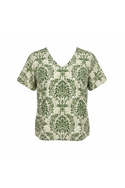 Genaric Women's Green Damask Print V-Neck Flutter Sleeve Blouse