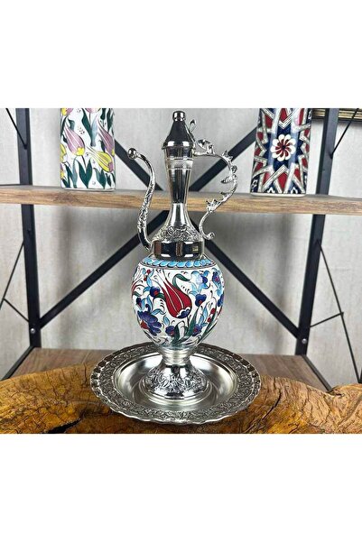 Çini Evi Silver Plated Iznik Tile Pitcher Set with Blue Carnation and Red Tul...
