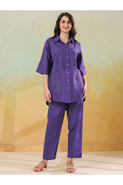 Sanskrutihomes By Styli Purple Cotton Longline Shirt and Pants Co-ord Set