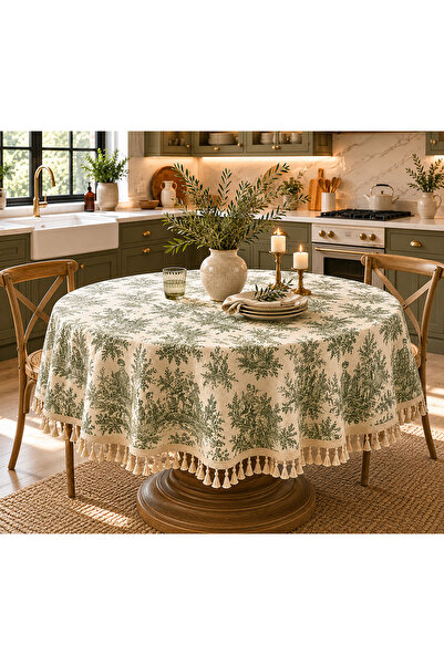 Luxoras Home Yuvarlak Duck Kumaş Fransız Köylü Desenli Püsküllü Masa Örtüsü C...