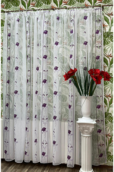 Liz Line Mechanically embroidered curtain, white/purple color, from the "Rose...