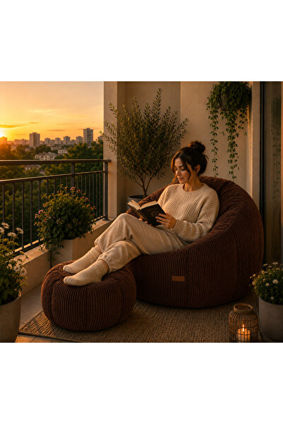 puffiber Balkon Takımı Büyük Puf Koltuk ve Ayak Pufu Seti – Bahçe, Teras ve Okuma Köşesi İçin Konforlu Berjer 95x80 Cm