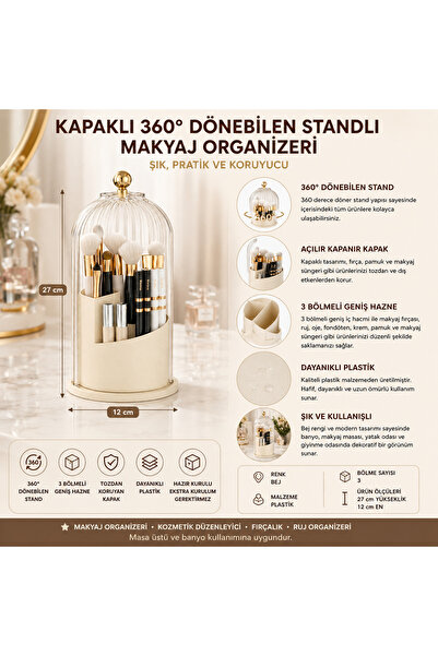 ARBU PLASTİK Kapaklı 360 Döner Makyaj Organizeri Fırça Ruj Kozmetik Düzenleyi...