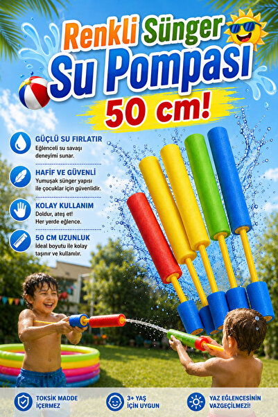 craftivio Renkli Sünger Su Pompası 50 cm Güvenli Pompalı Su Tabancası Havuz v...