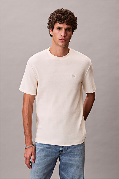 Calvin Klein Erkek SS Waffle Badge Crewnk Tee Bisiklet Yaka T-Shirt Beyaz