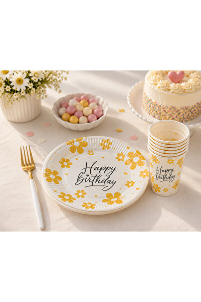 Partifabrik Daisy Themed Yellow Flowers Cardboard Plate and Cup Set