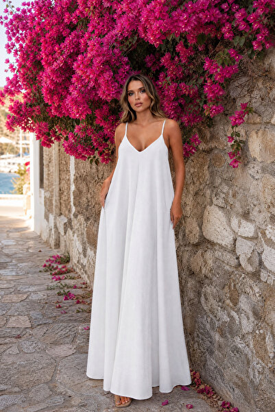 Modark Women's White Rope Strap Maxi Dress - V-Neck Flowy Loose Bohemian Summ...