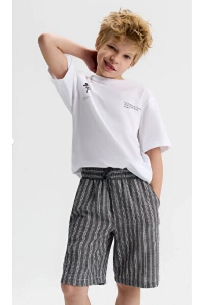 nk kids Nk Erkek Çocuk Pamuklu Çizgili Beli Lastikli Rahat Kalıp Erkek Şort 8...