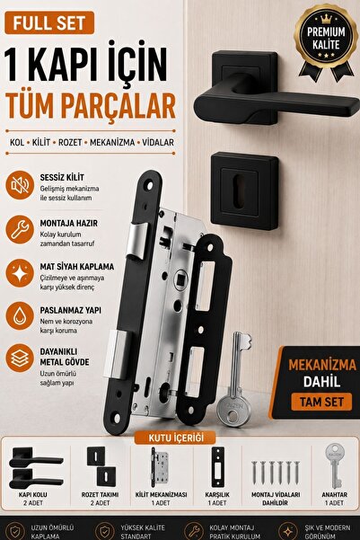MEGAHOME STORE Leydi Mat Siyah Kare Rozetli Oda Kapı Kolu ve 40 mm Siyah Oda ...