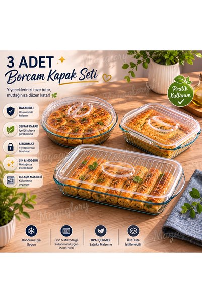 Mayaglory 3 Pcs Pyrex Cover Set Plastic Pyrex Cover Rectangular Square Round Storage Container Set of 3 Transparent Design