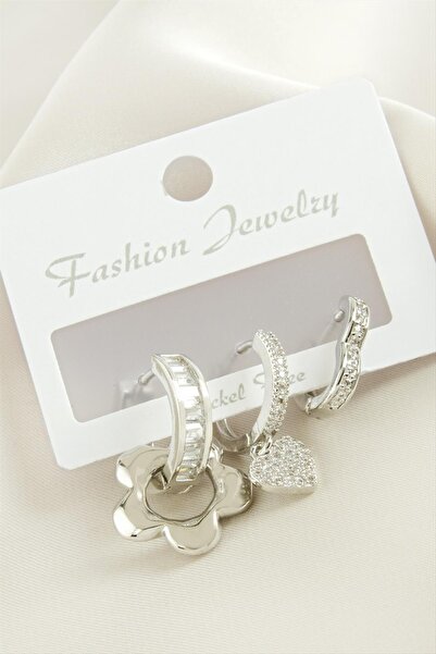 ZERO LAND Shopilke 3 Pieces Flower Zircon Stone (13224) Earrings-Silver Color