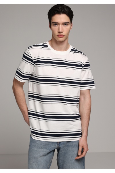 Colin's Regular Fit Yuvarlak Yaka Çizgili Erkek Beyaz Kısa Kol Tişört