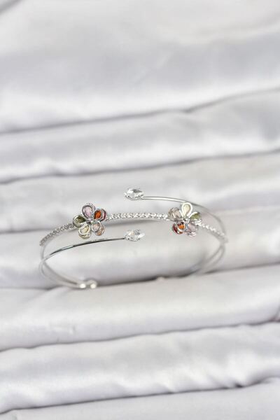 norsary Silver Color Brass Zircon Stone Flower Model Women's Bracelet