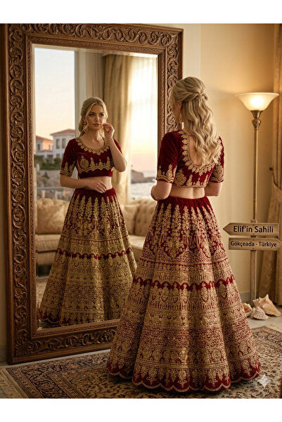 Aashiv's Collection Gelinlik Hint Lehenga Choli Takımı Bordo İşlemeli