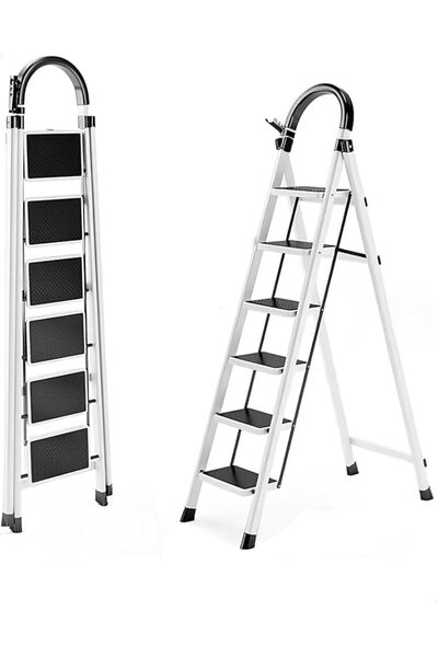 BESTONE White 6-Step Foldable Home Step Ladder, Sturdy Steel Frame with Trian...