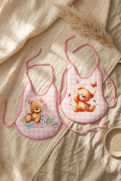 Babydonat Set of 2 Pink Gingham Liquid-Proof Baby Bibs - 6-18 Months Cute Ted...