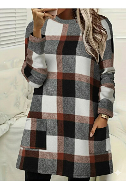 Generic Brand Women's Long Sleeve Semi-High Neck Pocket Detailed Plaid Woven ...