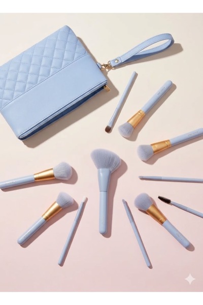 Energy Light Blue 12-Piece Makeup Brush Set with Zippered Storage Bag, Soft S...