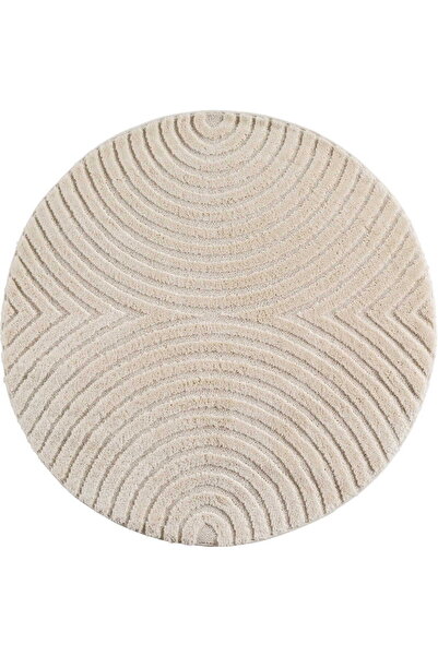 AYYILDIZ Covor modern, rotund, cu design geometric 3D, 120 x 120 cm, Crem, Po...
