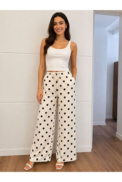 Lunea Womens Women's Cream Black Polka Dot Draped Satin High Waist Trousers