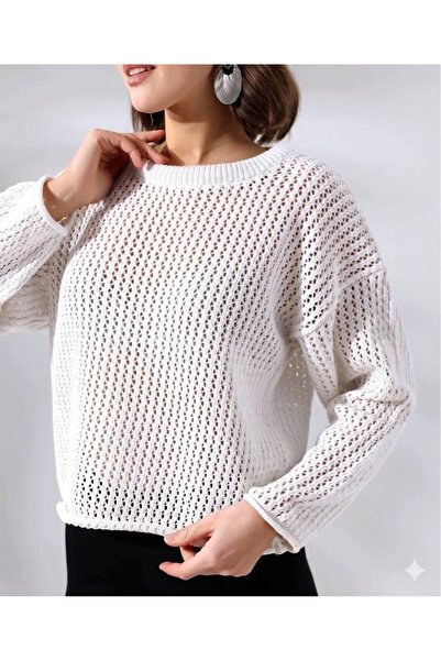 Koçer Triko Women's White Openwork Knitted Sweater Relaxed Fit
