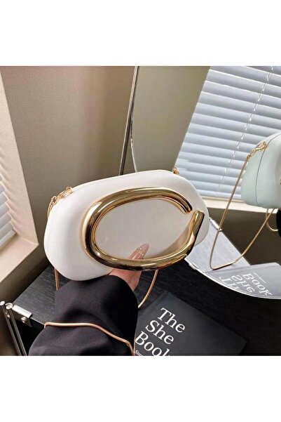 larosee Pinterest Model Gold Tutma Kulplu Beyaz Deri Kadın Abiye El ve Omuz Ç...