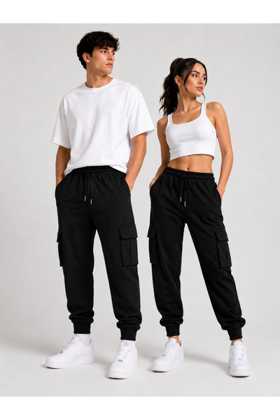 mw memowear Ανδρικές & Γυναικείες Μαύρες Φόρμες με Διπλές Τσέπες Cargo και Ελ...