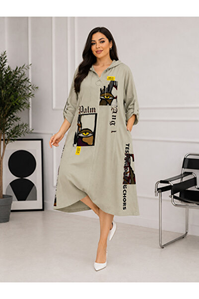 DARKWIN Plus Size Hooded Zipper Dress with Print Detail and Loose Cut Sleeves...
