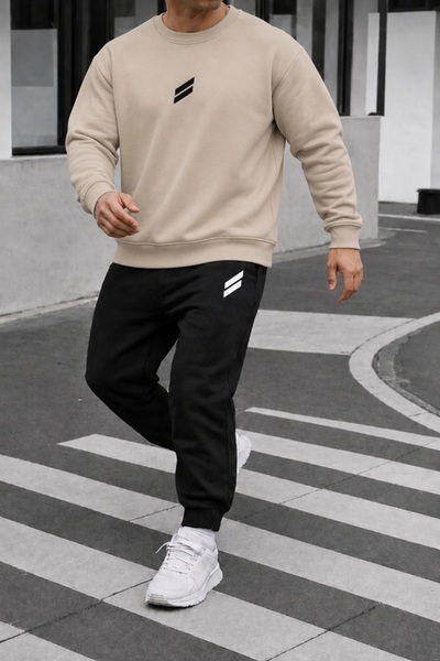 FAEL LİFE Unisex Wide Cut Zero Necklace Sweat Suit with Double Stripe Print