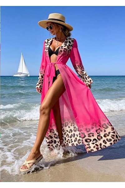 VenusOfficial Kadın Leopar Desenli Şifon Pareo Kimono Plaj Elbisesi Kuşaklı U...