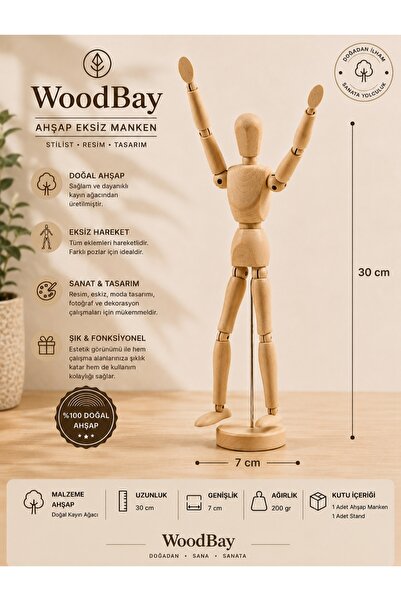 WoodBay Ahşap Eksiz Manken - Çizim Resim Eskiz Stilist Moda Tasarım Figürü Ha...