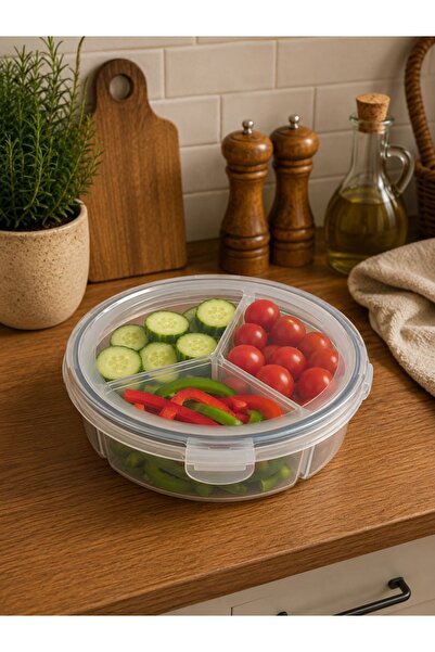 Nestora Kitchen Fresh Box 3 Bölmeli Yuvarlak Saklama Kabı 1350 ml Hava ve Sıv...