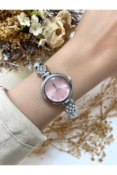 Mazzy Stoned Cord Round Silver Pink Dial Women Wrist Watch