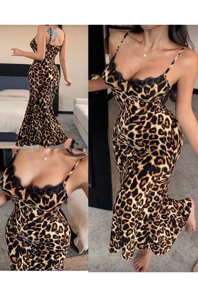 SATTENS Leopar Desenli Dantel Detaylı Askılı Uzun Gecelik