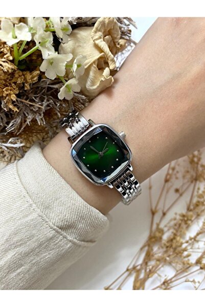Mazzy Square Design Silver Green Gradient Dial Women Wrist Watch