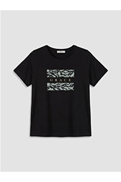 LC Waikiki New Season Black Printed 100% Cotton Women's T-Shirt