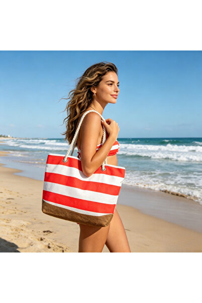 KMT Bag Tote Bag with Striped , Reinforced Brown Canvas Base, Cotton Cotton R...