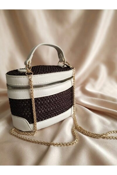 NO BRAND Women's Straw Weave Mini Cylinder Hand and Shoulder Bag - Gold Chain...